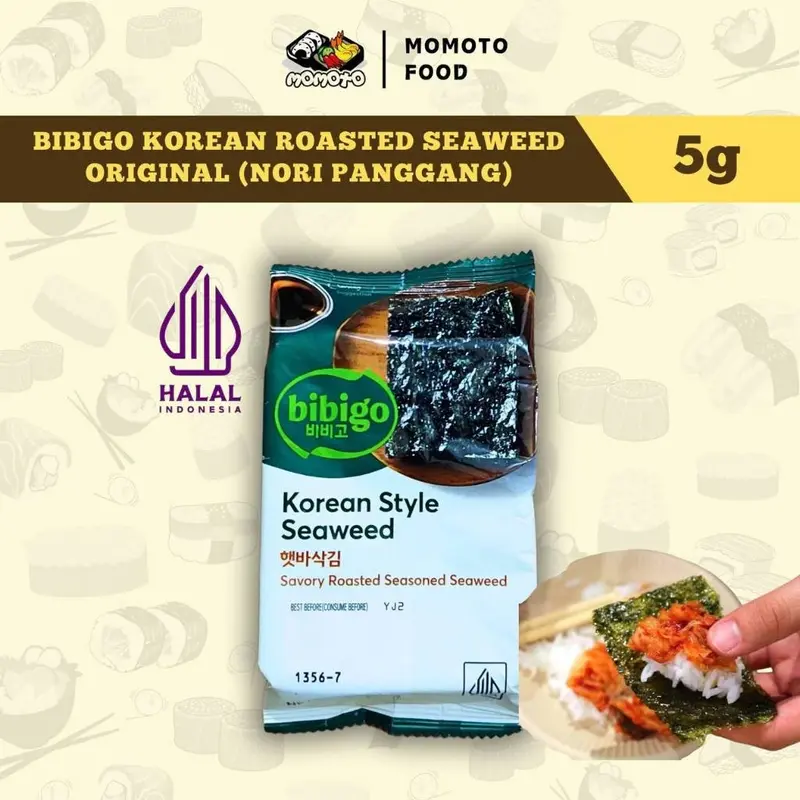 Bibigo Nori Panggang Asli Korea Halal Gim Roasted Seaweed Rumput Laut 5 gram 0