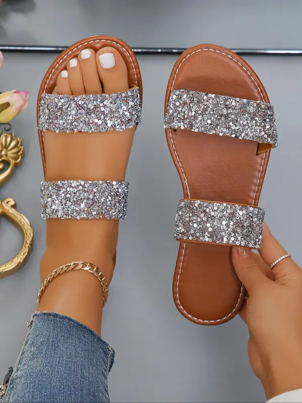 Women's Fashion Glitter Rhinestone Decorated Slide Sandals, 1 Pair Casual Open Toe Sandals for Summer, New Trend All-match Sandals for Daily Wear 4
