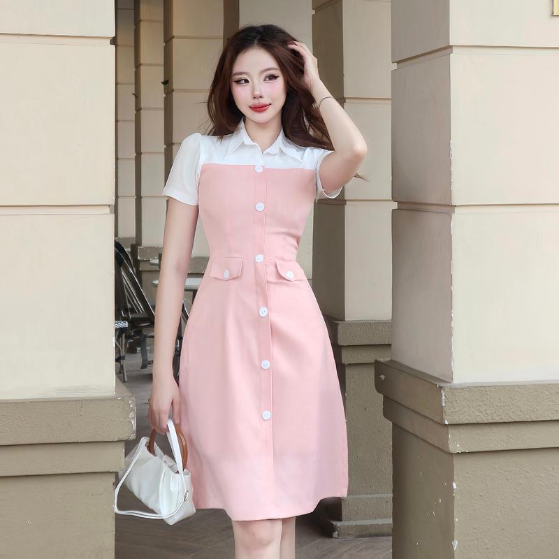 Đầm hồng cổ sơ mi phối trắng chữ a tay ngắn xinh thanh lịch thiết kế công sở cao cấp đi làm đi tiệc eo tôn dáng Thời trang Lux W