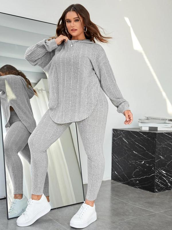 Plus Size Two-Piece Set Solid Split Hem Hoodie & High Waist Skinny Pants Set, Casual Fashion Drop Shoulder Long Sleeve Top & Trousers, Women's Two-piece Outfits 5