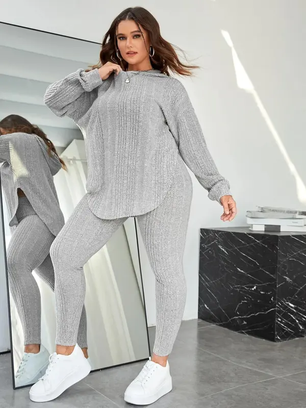 Plus Size Two-Piece Set Solid Split Hem Hoodie & High Waist Skinny Pants Set, Casual Fashion Drop Shoulder Long Sleeve Top & Trousers, Women's Two-piece Outfits 5
