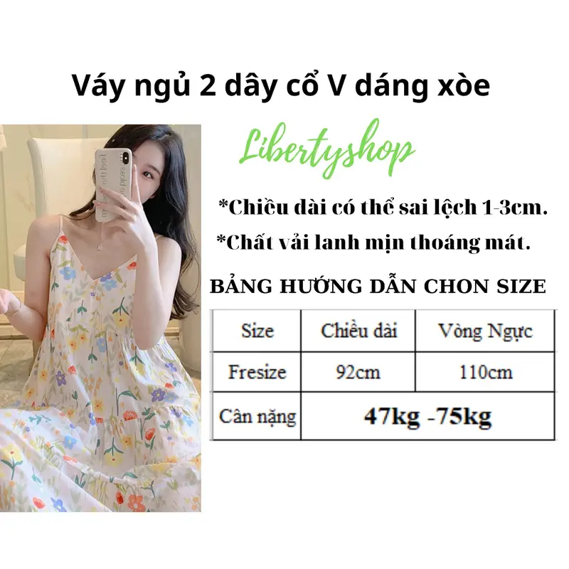 Váy Ngủ, Đầm Mặc Nhà 2 Dây Cổ V Dáng Xoè Chất Liệu Lanh Siêu Mềm Mát Mịn, Hàng Quảng Châu Freesize 47-75kg 7