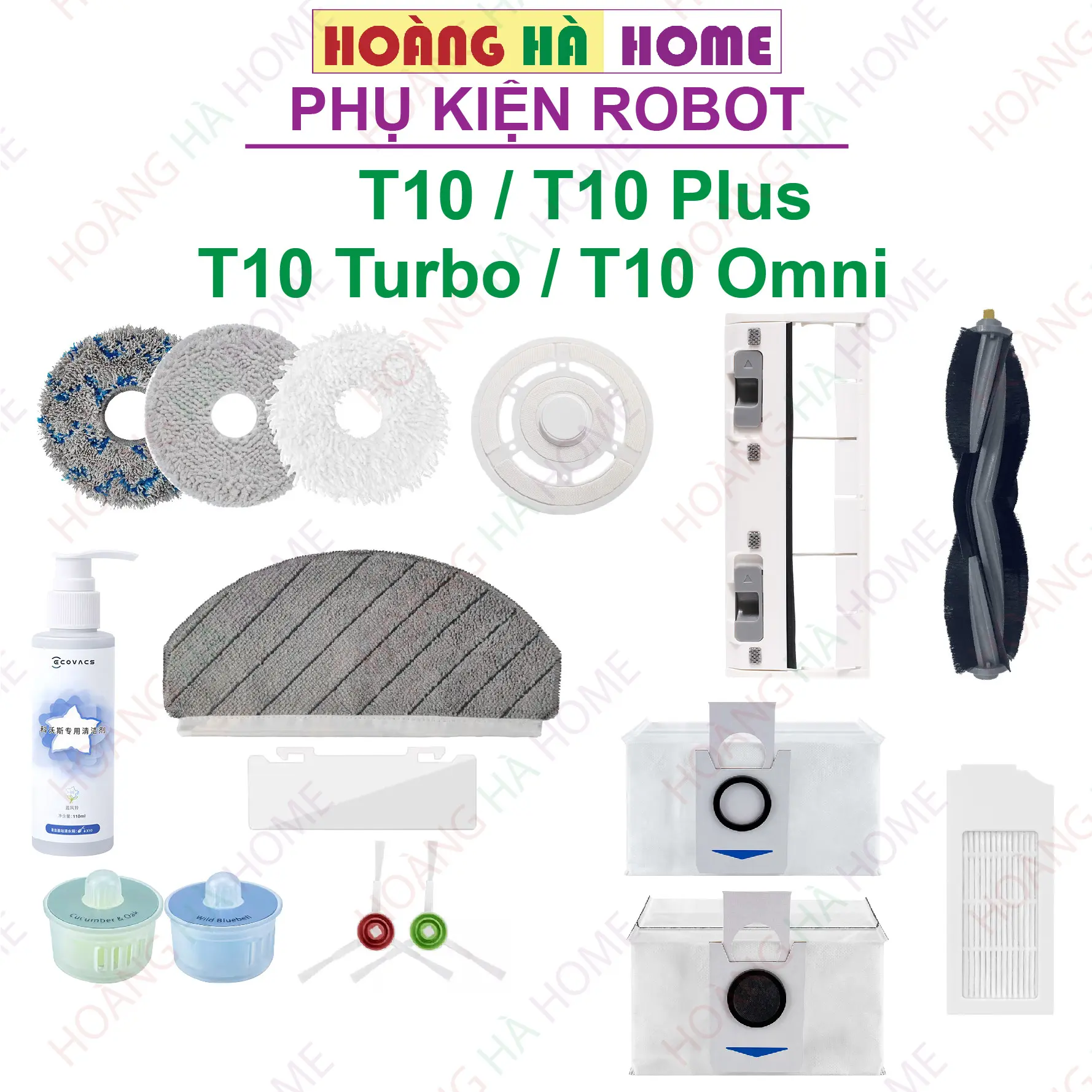 Phụ kiện robot hút bụi Ecovacs T10 Plus, T10 Turbo, T10 Omni - Phụ kiện robot Ecovacs T10 Plus, T10 Turbo, T10 Omni - khăn lau robot hút bụi - chổi cạnh robot hút bụi - Túi rác robot hút bụi - Màng lọc bụi robot hút bụi - Nước lau sàn Ecovacs