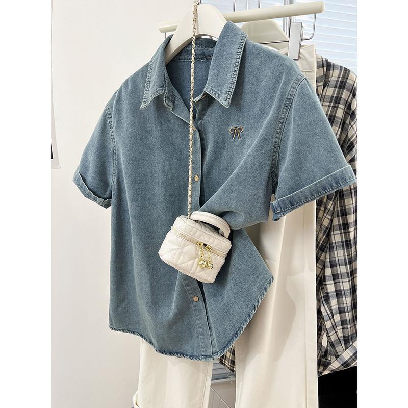 Áo Sơ Mi Denim ngắn Tay Thêu Màu Xanh Dương, Dành Cho Nữ, Phong Cách Mùa Hè, Cổ Polo Cổ Điển Hàn Quốc, Dáng Rộng Vừa Vặn, Áo Cánh Thanh Lịch, Hàng Đầu, HK 1