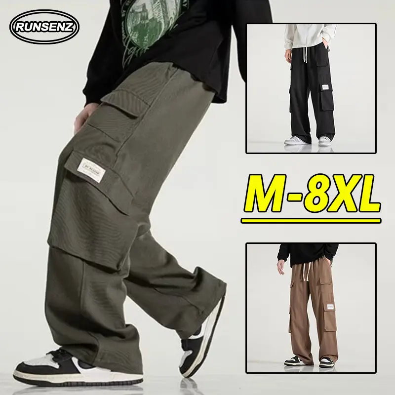 M-8XL Japanese Fashion Cargo Pants Men Multi Pocket Casual Loose Straight Leg Plus Size Pants