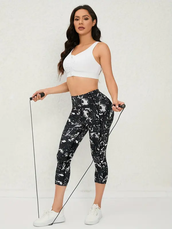 Women's All Over Print High Waist Sports Leggings, Casual Sporty Comfy Breathable Capri Skinny Pants for Yoga Gym Workout Running, Women Sport & Outdoor Clothing for Summer Spring Fall 4