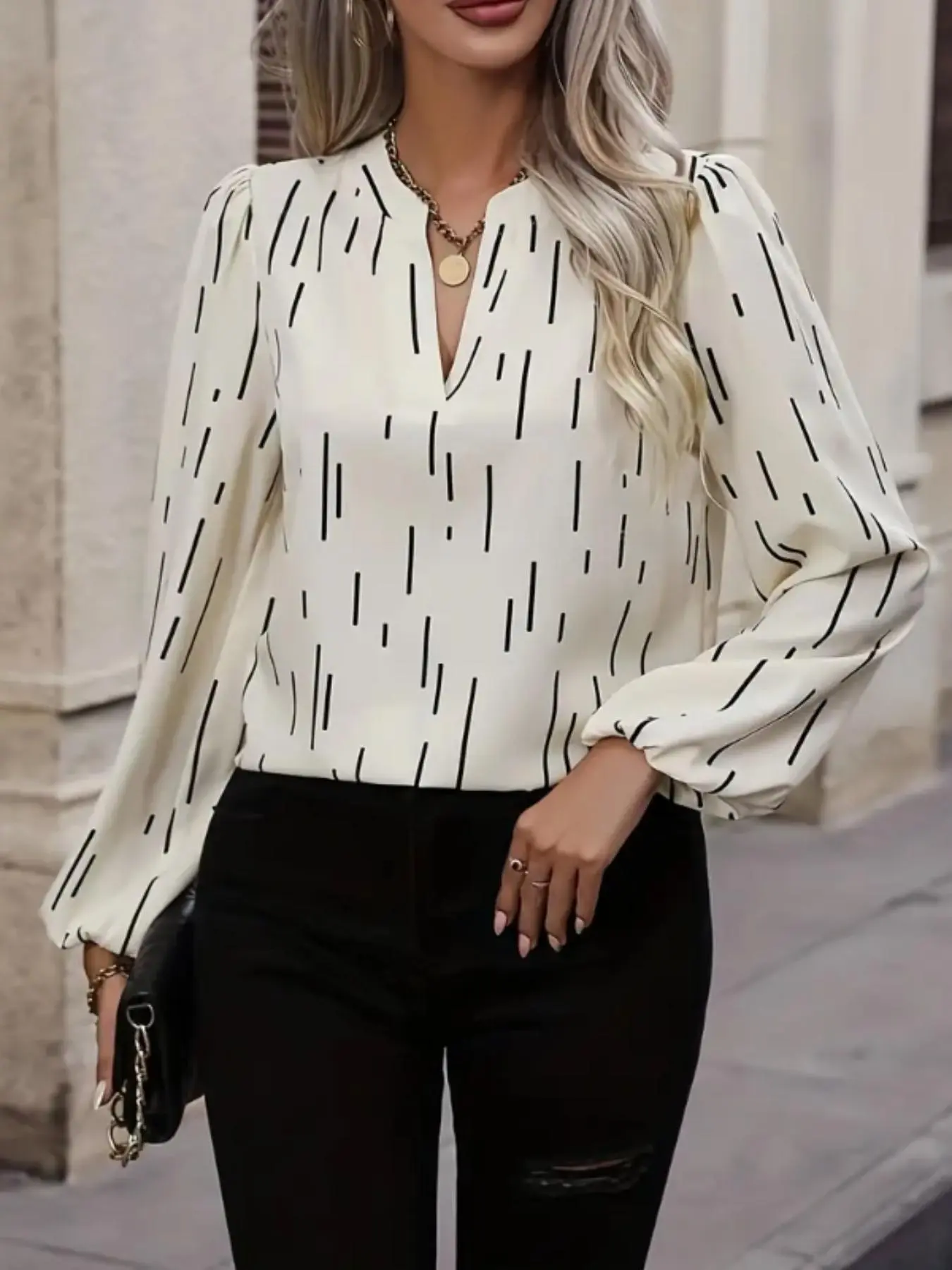 Women's All Over Print Notched Neck Blouse, Elegant Fashion Bishop Sleeve Top for Daily Outdoor Wear, Women Clothing for Spring Fall
