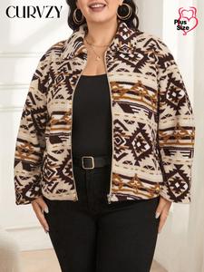 CURVZY Plus Size Geometric Print Drop Shoulder Zip Up Plush Jacket, Casual Long Sleeve Collared Outerwear for Spring & Fall, Women's Clothes for Daily Wear