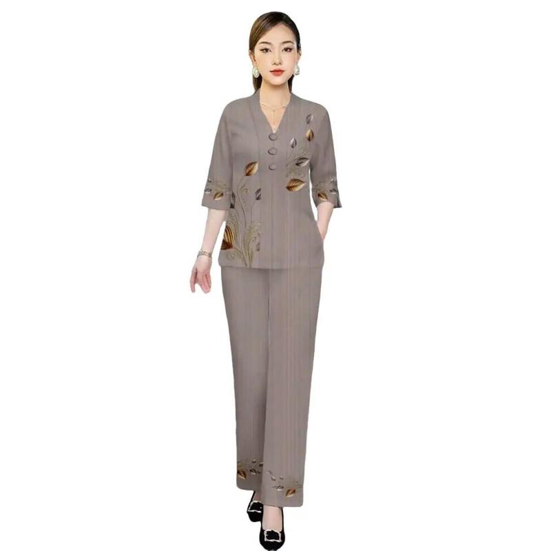 Đồ bộ lụa bà lai in hoa trung niên nữ mặc nhà, tay lỡ quần dài dành cho mẹ và bà - Xưởng May SỈ Thuỳ Nguyễn - Quần Ngủ, Women's Tops Áo