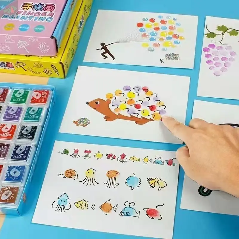 12/24colors Ink pad stamp with 30pcs/set Finger painting cards , DIY Craft learning Education Drawing Toys for child, Indoor Games,Kids Art and Craft set , Drawing set, Washable Non-toxic Paint Educational