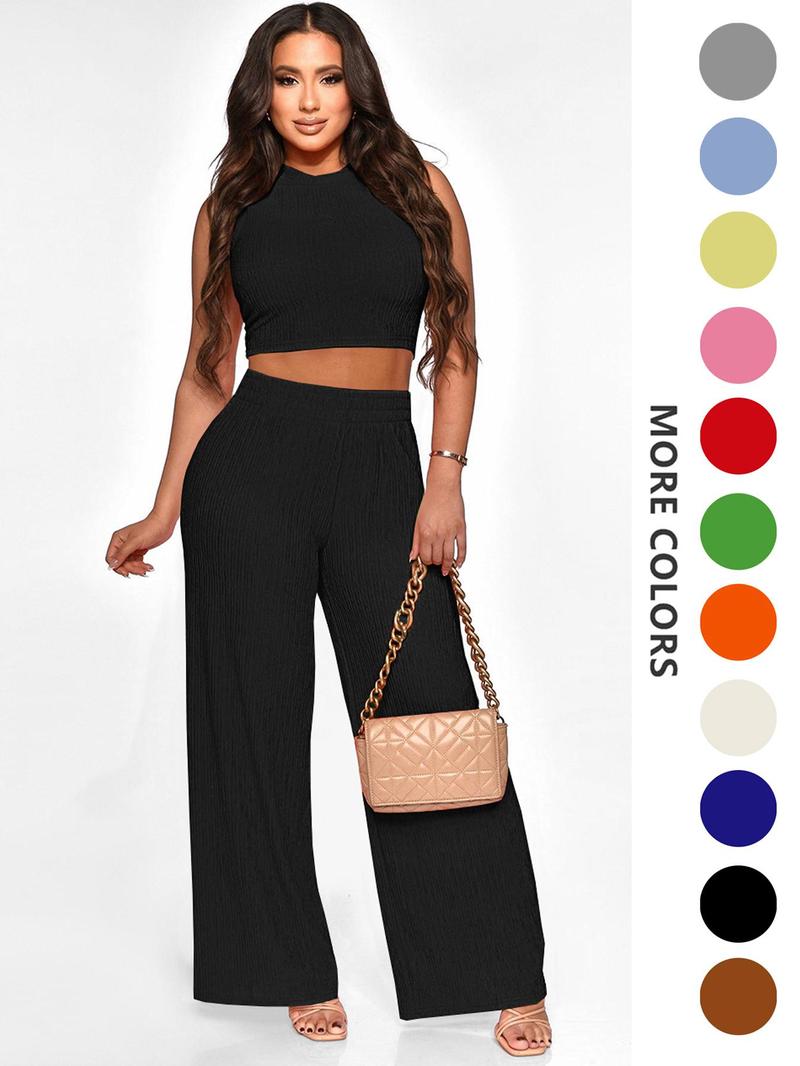 Product Introduction of Two-piece Set Women's Solid Textured Co-ord Set, Casual Round Neck Crop Tank Top & Wide Leg High Waist Pants Set, Ladies Summer Clothes for Daily Wear 3