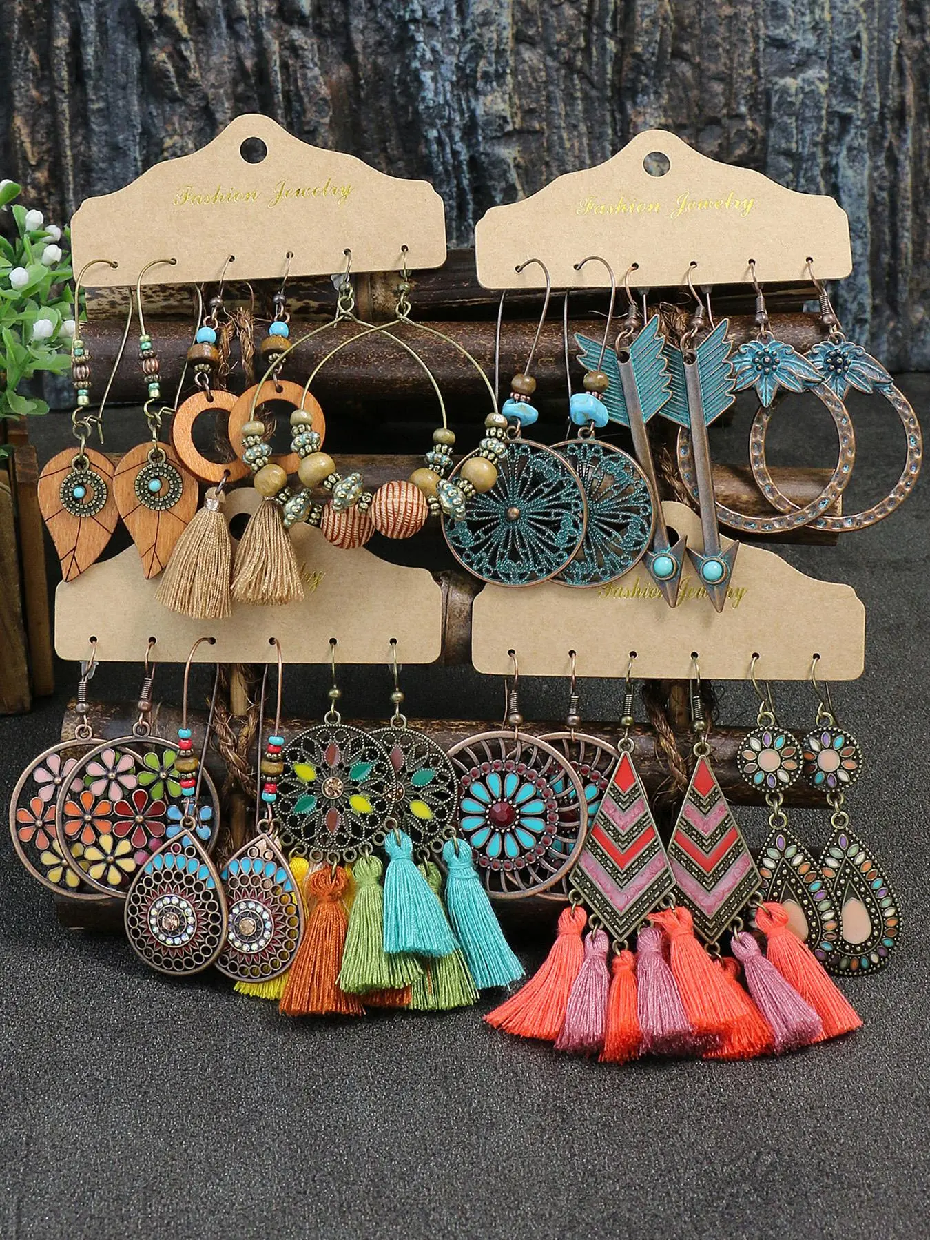 Boho Style Dangle Earrings Set for Women Girls, 12 Pairs Retro Style Hollow Pattern Flower & Leaf & Water Drop & Tassel Design Dangle Earrings, Fashion Jewelry, Exquisite Gifts