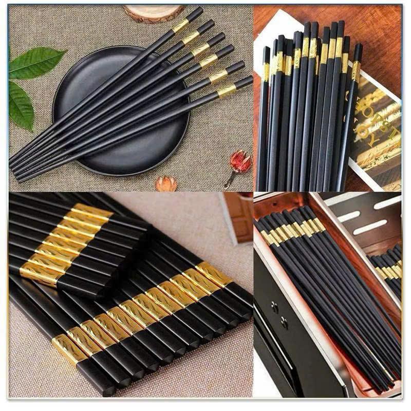 Bộ 50 Đôi Đũa Mạ Vàng Hàn Quốc Nhựa Đen Nhật Cao Cấp Chống Trơn Chống Mốc Chịu Nhiệt