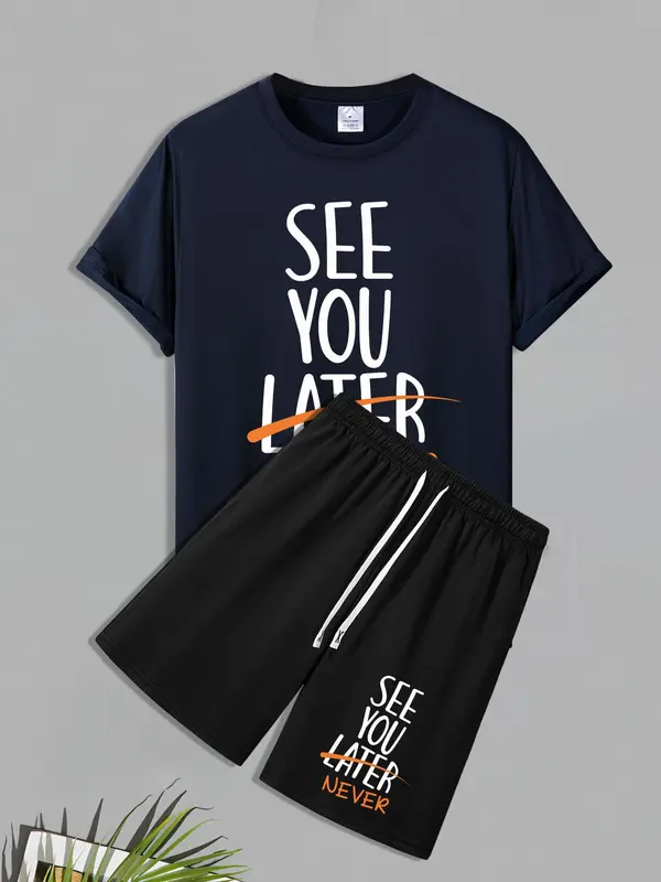 Men's Slogan Print Crew Neck Tee & Drawstring Waits Shorts Two-Piece Set, Regular Fit Casual Comfy Round Neck Short Sleeve T-shirt & Pocket Shorts, All-Match Clothes Set for Daily Wear 4