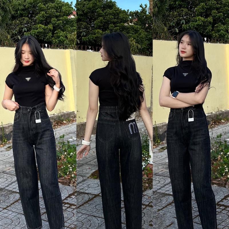 B 202 Quần baggy nữ vải quảng châu không co giãn màu xám đen chất vải mềm mại