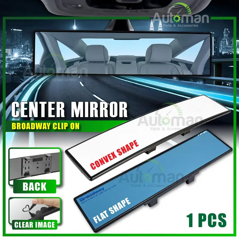 Broadway 360mm Flat Blue Tint Universal Clip-On Rear View Mirror - JDM Style
