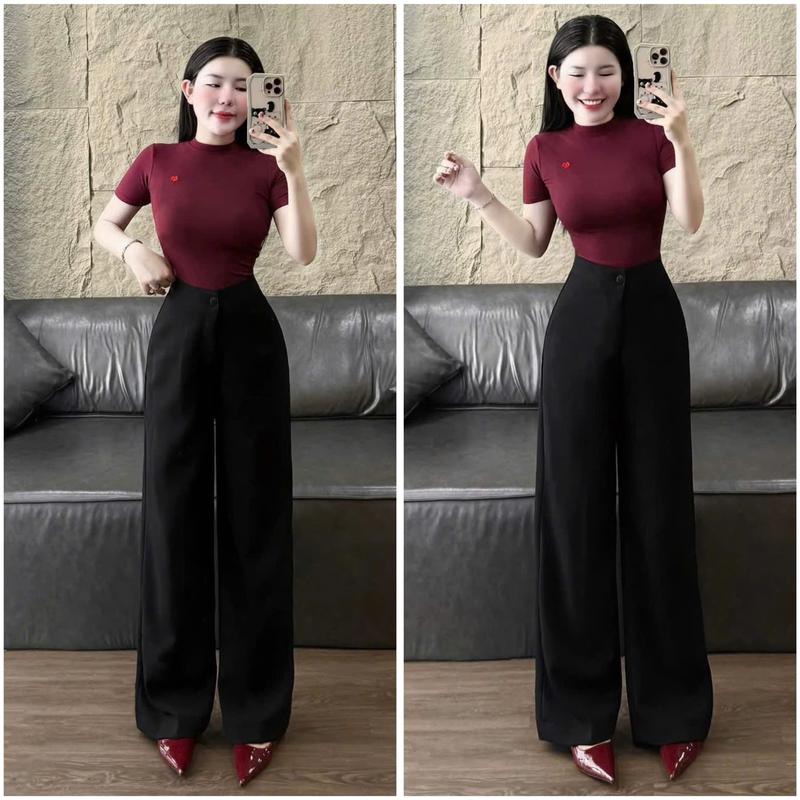 Sét đồ nữ áo thun tăm cổ tròn phối quần kaki dài suông thanh lịch sang chảnh