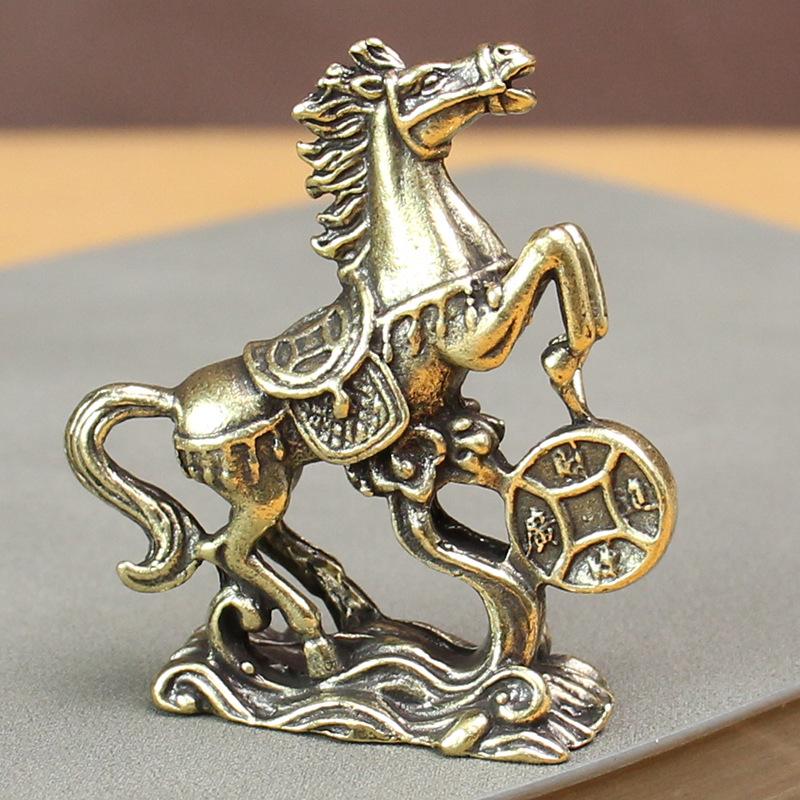 Solid Brass Horse Ornament Brass Solid Brass Fortune Horse Desktop Craft Decoration Antique Old Brass Small Gift Ancient Five Emperors Immediately Win Money Adornment Small Copper Handicrafts 0