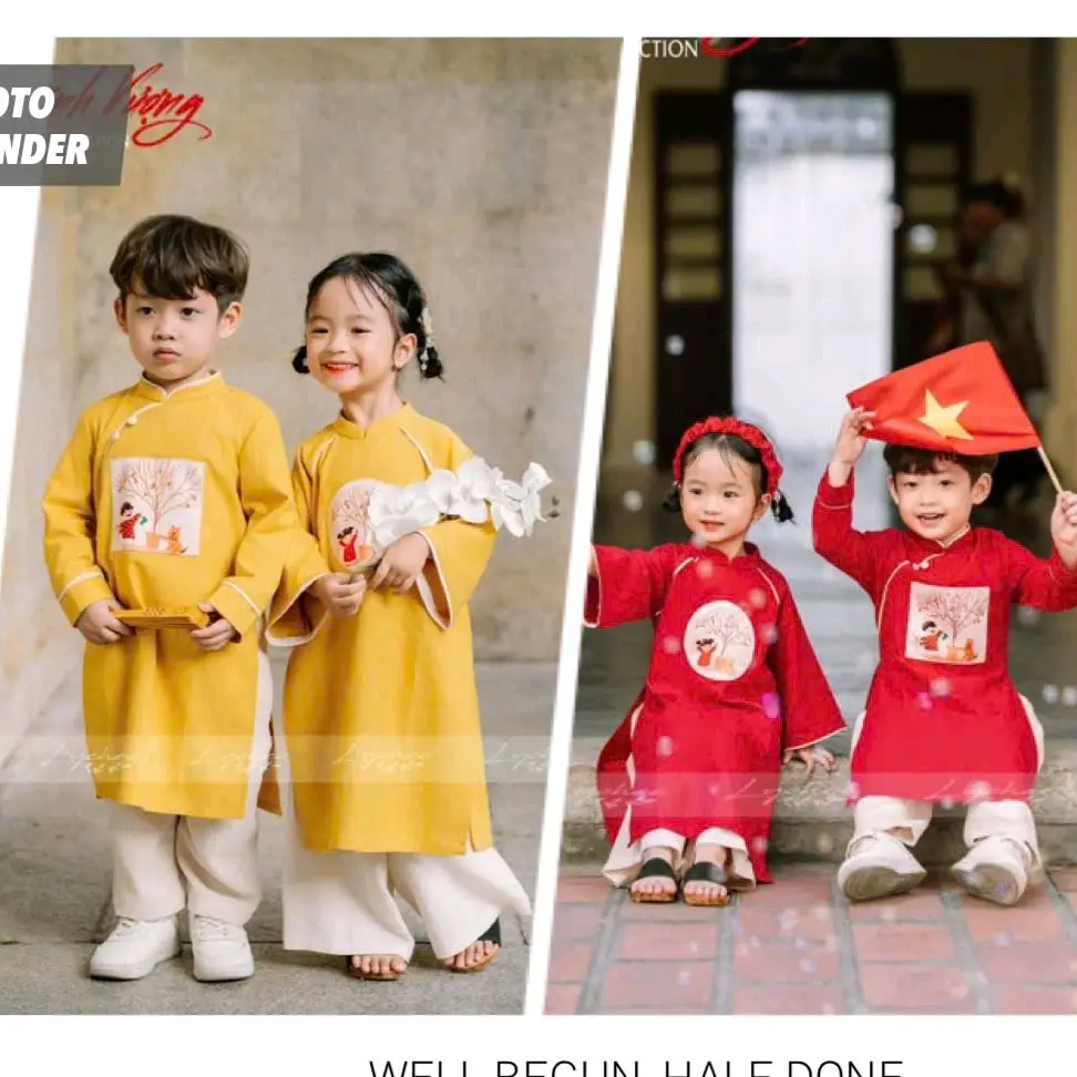 Áo Dài Cách Tân Cặp Đôi Cho Bé Trai Bé Gái Chất Nhung Lì Dày Đẹp sz 10-30kg Kèm Quần và Bờm Nhún