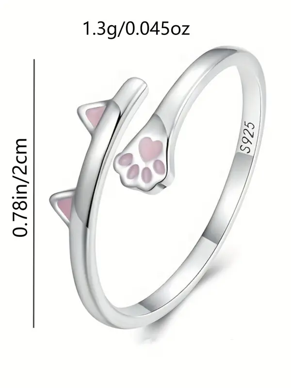 925 Sterling Silver Cute Cat Paw Design Cuff Ring, Adjustable Open Ring, Fashion Jewelry Accessories for Women & Girls 1