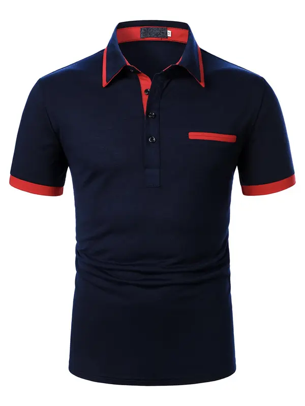 Two-Piece Set Men's Patchwork Short Sleeve Polo Shirt & Shorts, Regular Fit Casual Fashion Cozy Breathable Top & Shorts for Daily Outdoor Wear, Men's Clothing for Summer 4