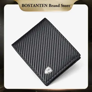 [New Arrival]BOSTANTEN Dompet Pria Koin Ritsleting Kulit PU Tiga Kali Lipat Tikar Jerami Hitam/Kopi BSB0625205