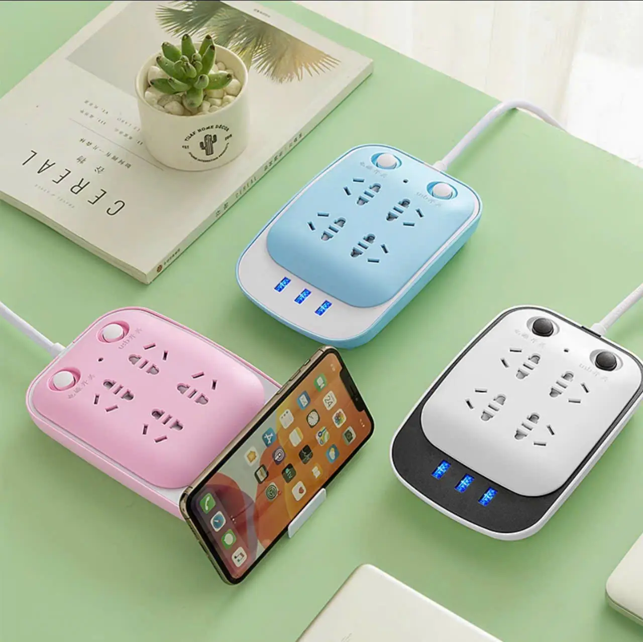 Ổ cắm điện đa năng,nhiều chấu kèm USB và làm chân đế điện thoại