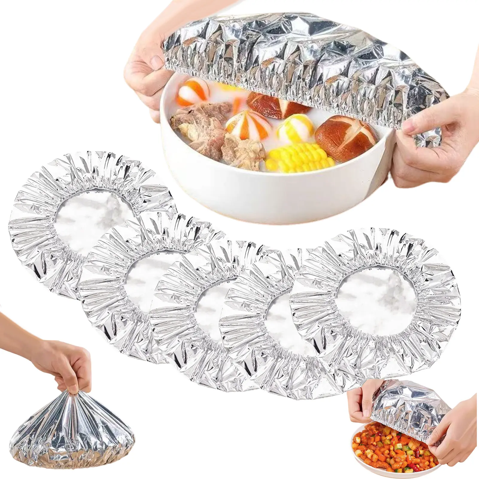 Tuwrea 30/50Pcs Repeatable Aluminum Foil Insulation Cover Elastic Heat-Resistant Food Covers for Kitchen Hot Lock Aluminium Foil Storage Covers for Fruit