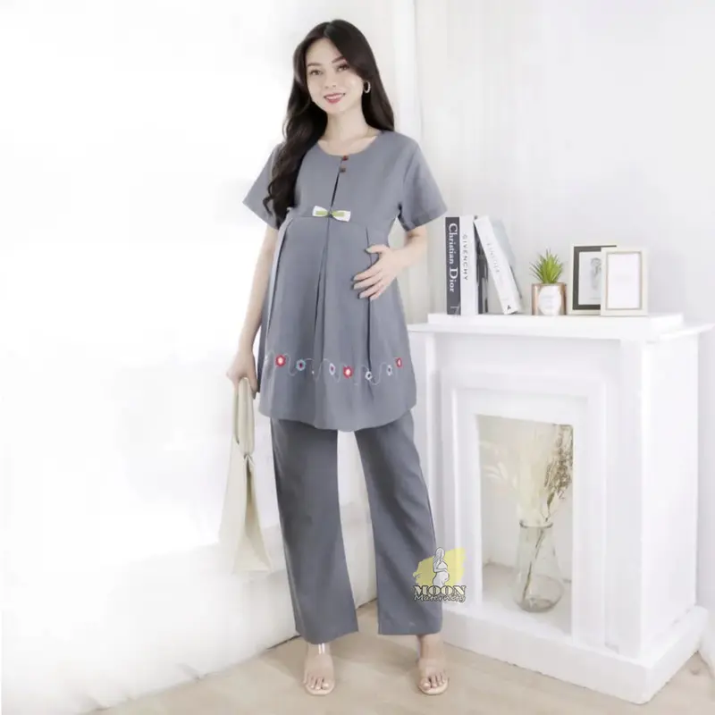 Baju Bumil Setelan Hamil & Menyusui Kekinian / Baju Lengan Pendek & Celana Panjang Untuk Ibu Hamil Bahan Katun 3