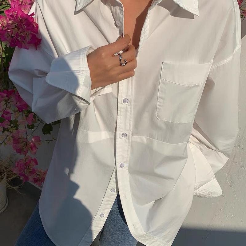  Sơ mi form rộng có túi chất thô cotton mịn màu pastel cá tính năng động Thông thường 