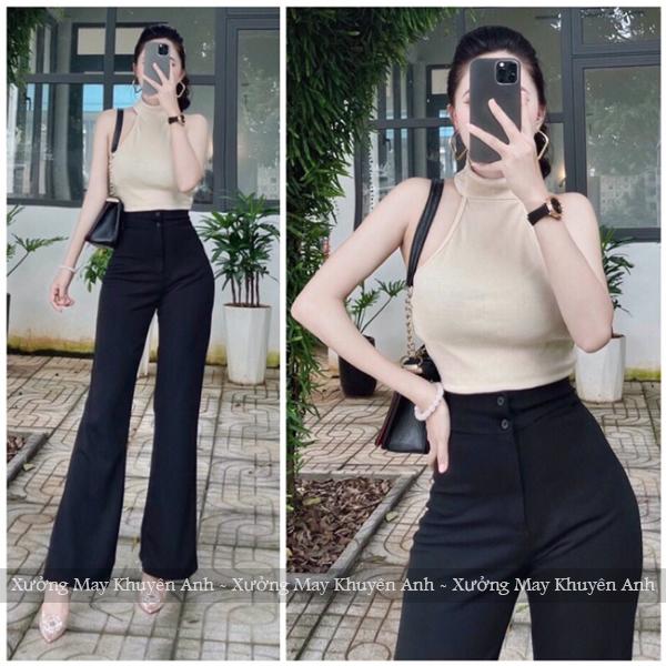  Quần ống loe 2 cúc lưng cao đi làm học công sở tôn dáng - Quần tây nữ ống loe cạp cao màu Đen Nâu vải tuyết mưa dày mềm co giãn nhẹ 