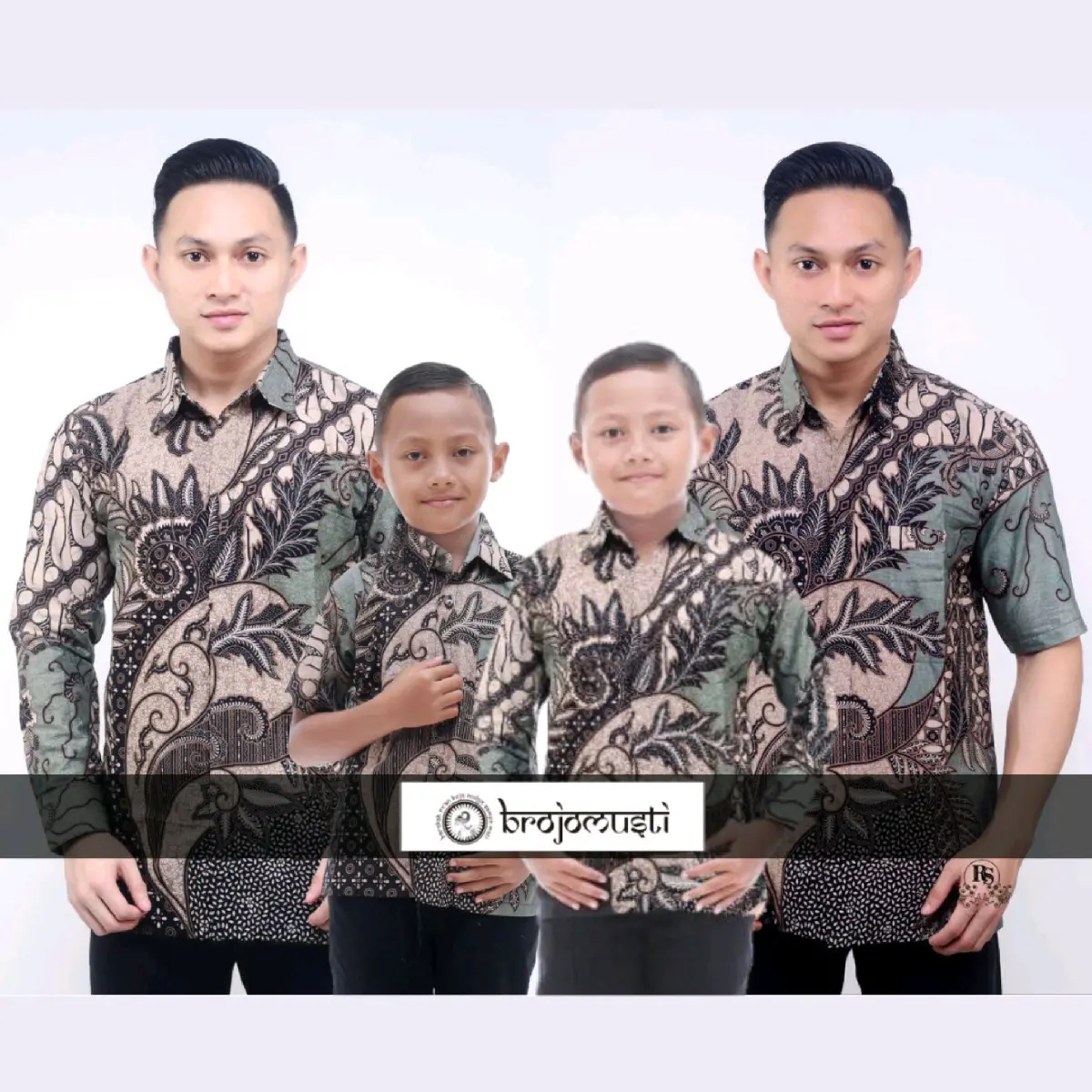 Kemeja Batik Pria Ayah dan Anak Laki-laki Lengan Panjang Warna Sage umur 2-12 Tahun Seragam Kain Katun Santai Hitam Putih Dewasa Couple Keluarga Motif Pendek