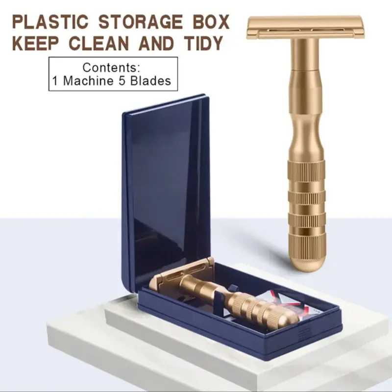 Dao cạo râu hợp kim nhôm mạ đồng, kiểu dáng sang trọng, cán đặc, cầm vừa tay, sử dụng dao tem sắc bén, lưỡi dao hẹp giúp cạo sạch và an toàn
