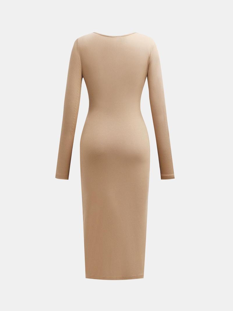 Product Introduction of YOZY Women's Plain Knot Front Wrap Ribbed Midi Dress, Casual Long Sleeve V Neck Dress for Daily Wear, Ladies Clothes for All Seasons 16