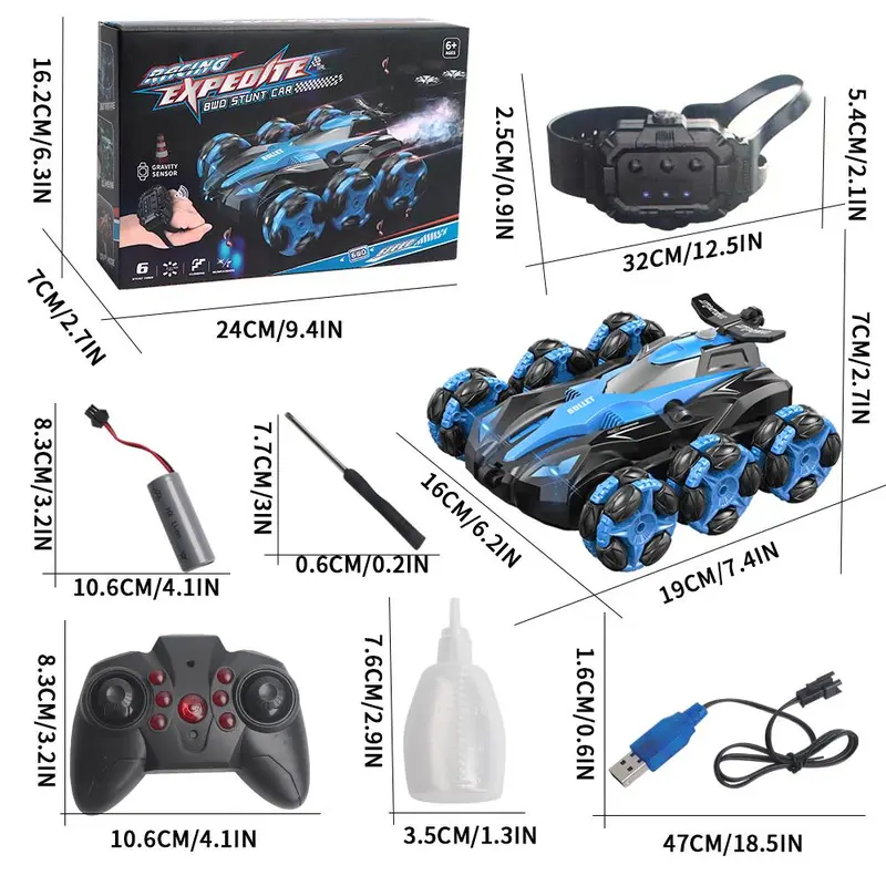 Spray Drift 360 Degree Spin Stunt Rc Car, 2.4GHZ Watch Sensor Dual Remote Control 6 Wheel Stunt Car, Rechargeable Toy Car with Lights and Music, Holiday Gift, Christmas Gift, Santa Presents, Secret Santa Funny Gift 1