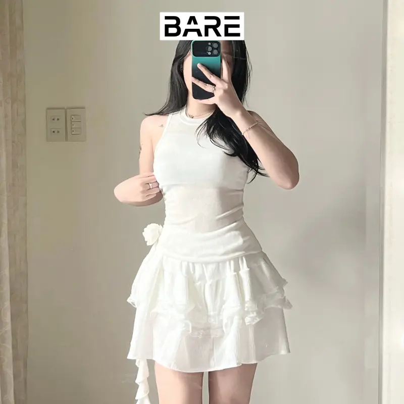 BARE.Y2K_Áo Thun Sát Nách Đính Hoa Có Lớp Lót Chất Dệt Nhũ_A275 Nữ Women Top Thun Voi Cotton Jean Cổ Tròn Ong Voan 2