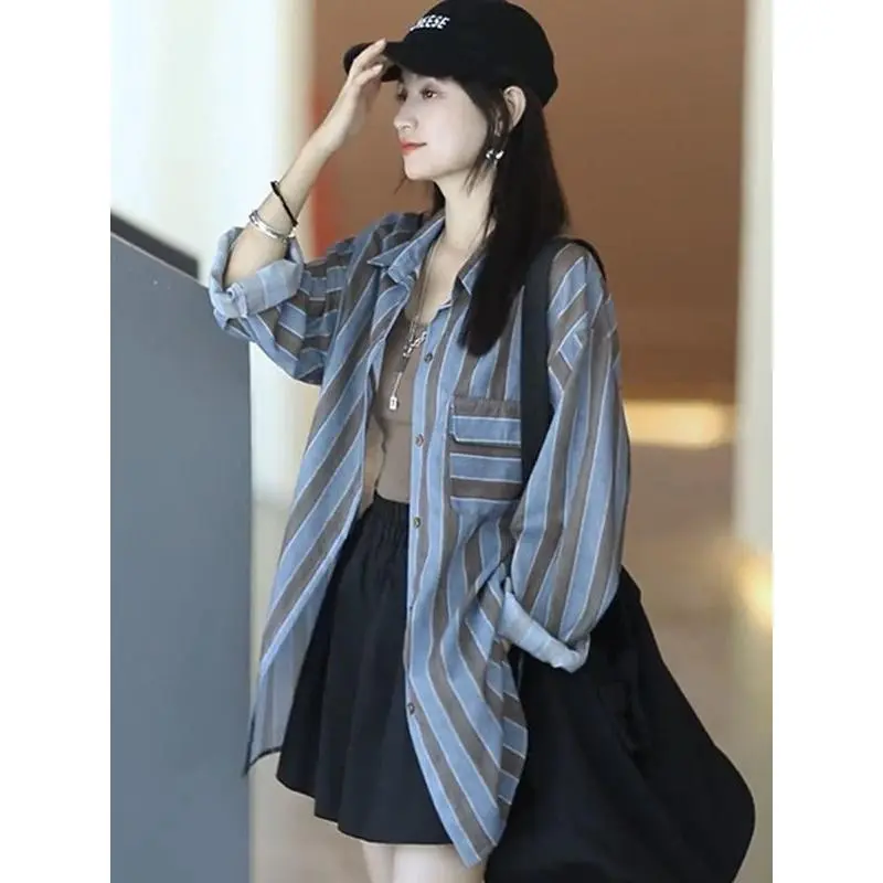 Áo Sơ Mi Sọc, Dành Cho Nữ, Dài Tay, Phong Cách Hàn Quốc, Cổ Polo Khối Màu, Thường Ngày Và Dễ Phối Đồ, Loại Mỏng, Áo Khoác Chống Nắng, Áo Sơ Mi Hàng Đầu, Thích Hợp Cho Hơn 99% Nhận xét Được Ưu Tiên