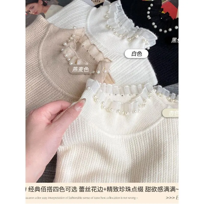 Áo Len Ren Ngọc Trai Nhỏ Dành Cho Nữ, Thích Hợp Cho Mùa Thu / Đông, Áo Lớp Nền Mỏng, Cao Cổ, Tay Áo Dài, Dệt Kim, Áo Áo Chui Đầu Bó Sát Thời Trang, Có Thể Đeo Bên Trong, Năm 2025
