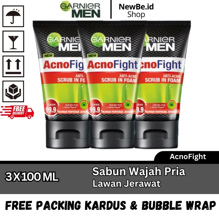3 PCS garnier men acnofight facial wash 100ml gratis ongkir paket hemat isi 3 Botol Scrub