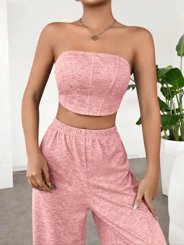 Women's Solid Crop Tube Top &  High Waist Elastic Waist Wide Leg Pants Set without Necklace, Summer Clothes Women, Mean Girls Basic Comfort Cropped Top & Trousers 8