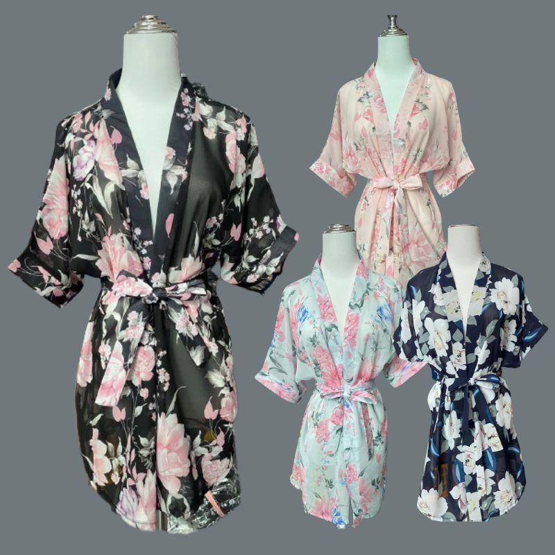 (MAX 60KG) Deep-V Transparent Chiffon Floral Printed Robes Kimono ...