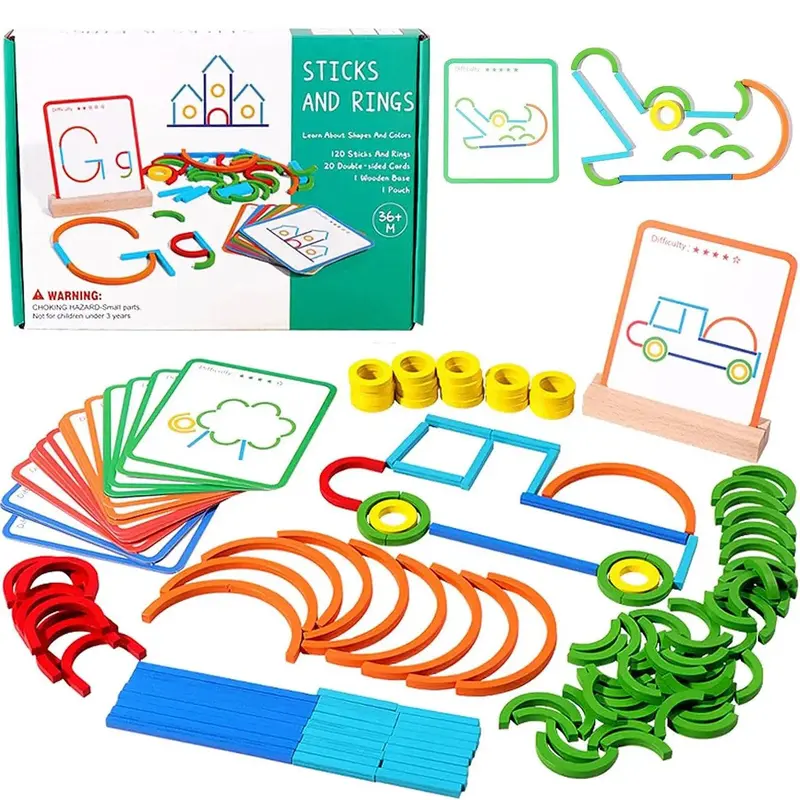 Wooden Construction Blocks Toy, Sticks & Rings Shape Puzzle, Letter Construction Set, Pattern Blocks STEM Toy, Early Educational Learning Game 0