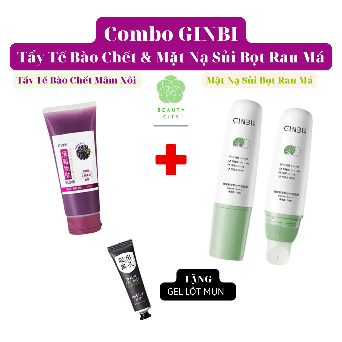 Combo GINBI Hot Trend Tẩy Da Chết, Tế Bào Chết Mâm Xôi & Mặt Nạ Sủi Bọt Rau Má, Lột Mụn Than Tre - BeautyCity Skincare