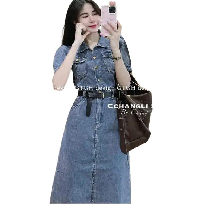 Đầm jean thời trang nữ mặc đi chơi, đầm cổ bẻ sơ mi tay ngắn phối túi form suông chữ A kèm dây đai lưng phong cách