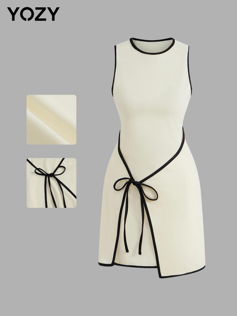Product Introduction of YOZY Women's Colorblock Tie Front Sleeveless Dress, Casual Fashion Short Dress for Summer, Women's Dress for Daily Wear 12