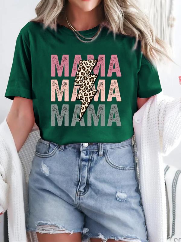 Women's Leopard Lightning & Letter Print Round Neck Tee, Summer Clothes, Fashion Casual Short Sleeve T-Shirt for Daily Wear, Ladies Clothes for Summer 4