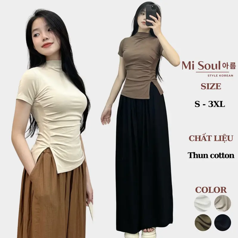 Áo Thun Cổ 3 Phân Cộc Tay Nữ Nhúm Sườn Xẻ Tà BigSize MiSoul, Áo Thun Nữ Cộc Tay Xẻ Tà BigSize MiSoul 218 Top Cổ Tròn Women Sơ Mi 0