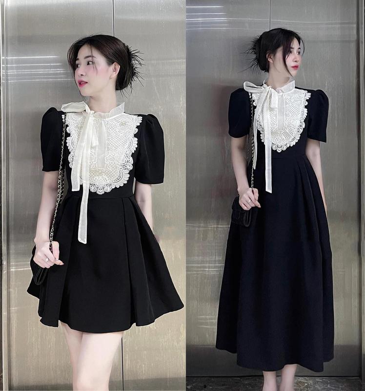 Váy Viền Ren cổ thiết kế  ngắn tay thắt nơ dáng xòe , Váy thiết kế sang trọng chất tuyết mưa, Đầm nữ dự tiệc sang trọng, Women Dress Voan Ren By Thời Trang News