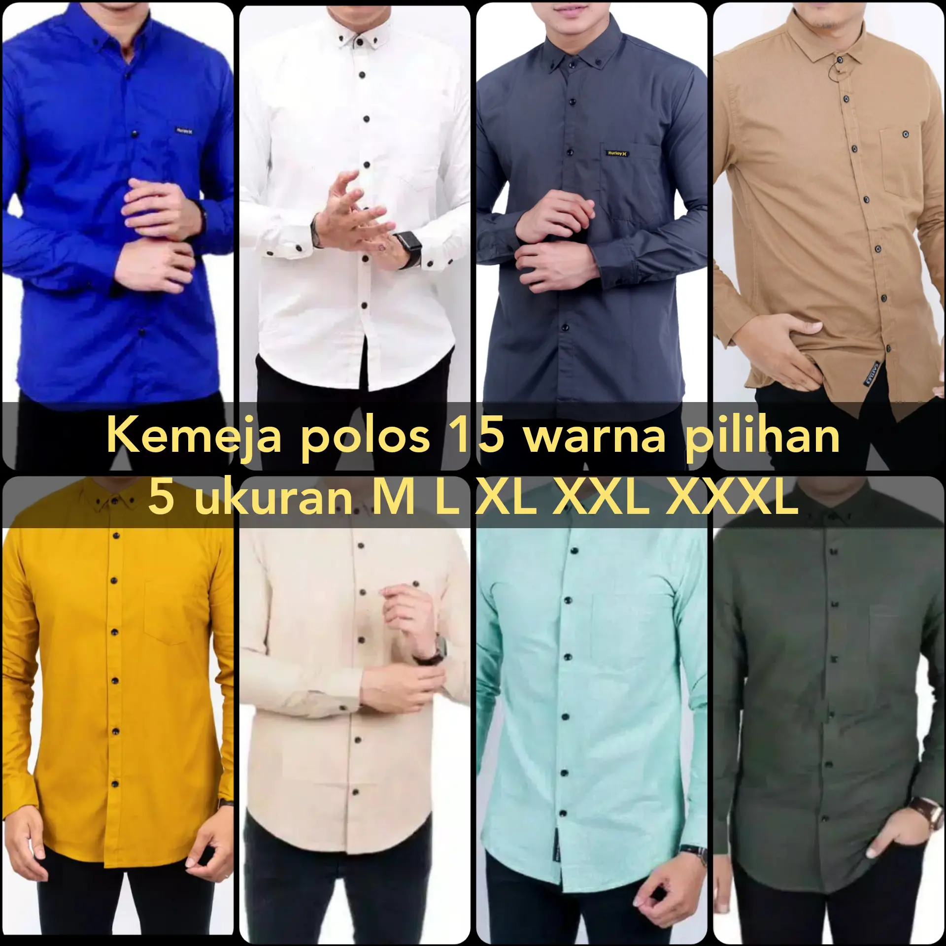 kemeja polos lengan panjang kemeja kantor kemeja kasual Polos Hitam Putih Slim-fitting Crew Neck Santai Katun Formal Kancing Kerah Simple Slimfit