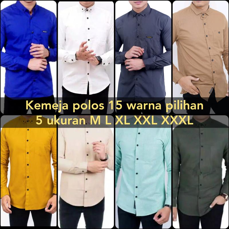 kemeja polos lengan panjang kemeja kantor kemeja kasual Polos Hitam Putih Slim-fitting Crew Neck Santai Katun Formal Kancing Kerah Simple Slimfit 0